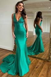 Green Beaded Mermaid V-Neck Backless Long Prom Dress